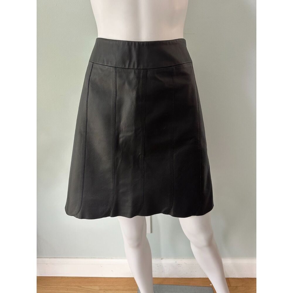 Vintage Black Leather A-Line Skirt Paneled Mini Midi Minimalist 90s Size 10
